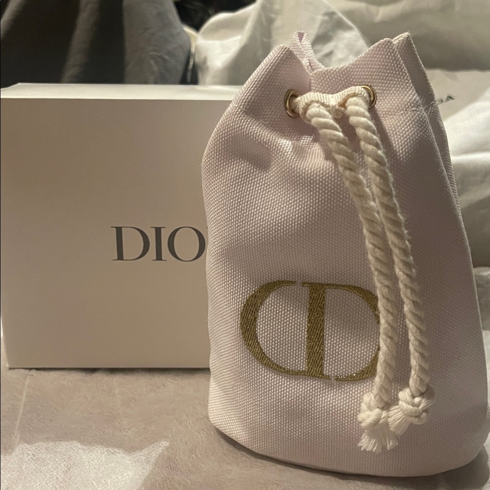 Dior white Canvas Drawstring Pouch with Gold CD Logo and box